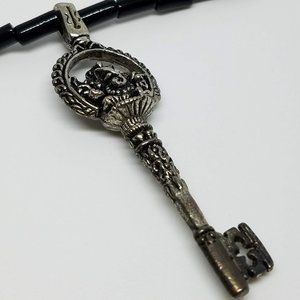 Black and Silver Key Pendant Necklace With Octopus Inlay